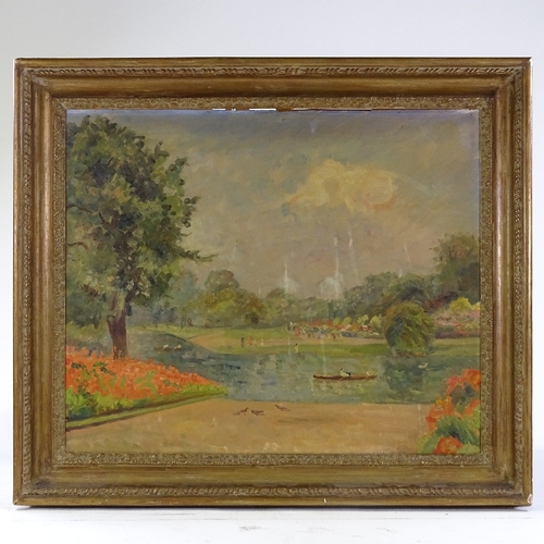 1219 - Early 20th century oil on board, boating lake, indistinctly signed, 20