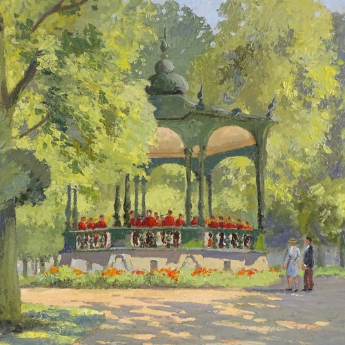 1223 - D W Burley, oil on board, the bandstand, signed, 18