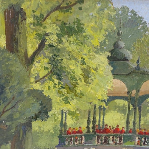 1223 - D W Burley, oil on board, the bandstand, signed, 18