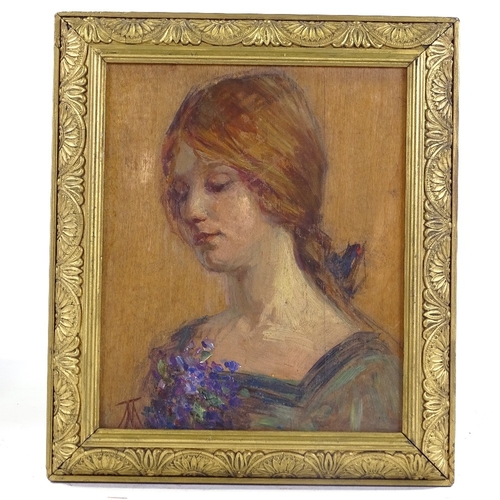 1227 - 19th century oil on panel, pre-Raphaelite style portrait of a woman, signed with monogram, 8