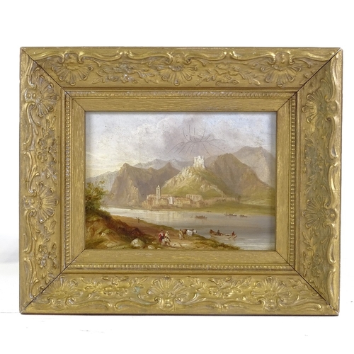 1228 - 19th century oil on panel, Continental lake scene, unsigned, 5.5