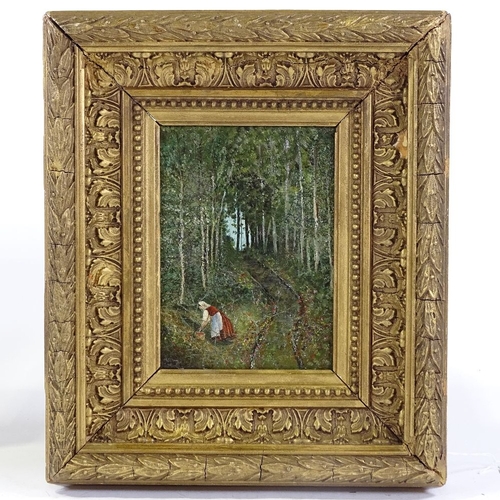 1229 - 19th century oil on canvas, woman in woodland, unsigned, 8