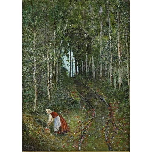 1229 - 19th century oil on canvas, woman in woodland, unsigned, 8