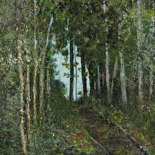 1229 - 19th century oil on canvas, woman in woodland, unsigned, 8