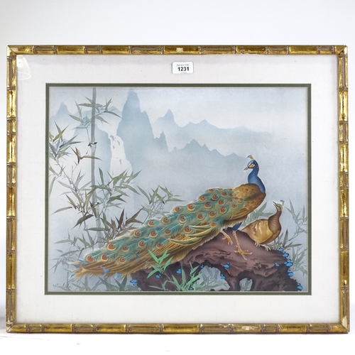 1231 - P White, watercolour, Oriental peacocks, signed, 15