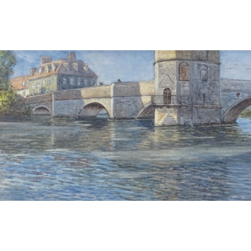 1232 - Sydney Mannooch, watercolour, the bridge St Ives Cambridgeshire, signed with RI Exhibition label ver... 