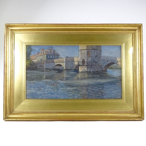 1232 - Sydney Mannooch, watercolour, the bridge St Ives Cambridgeshire, signed with RI Exhibition label ver... 