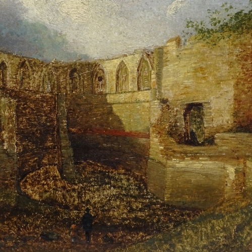 1237 - 19th century oil on wood panel, abbey ruins, unsigned, 9.5