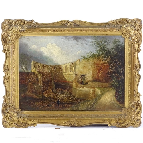 1237 - 19th century oil on wood panel, abbey ruins, unsigned, 9.5