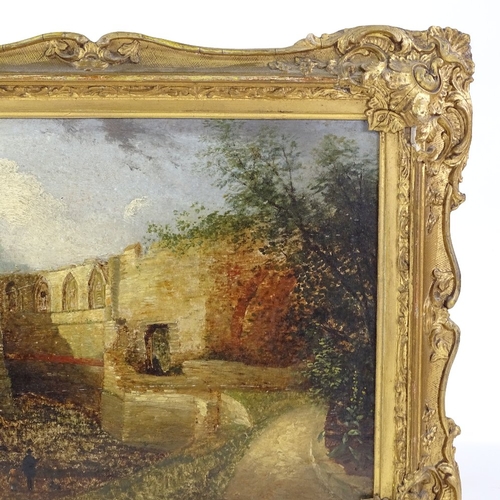 1237 - 19th century oil on wood panel, abbey ruins, unsigned, 9.5