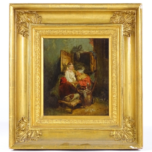 1238 - 19th century oil on board, interior scene, unsigned, 8.5