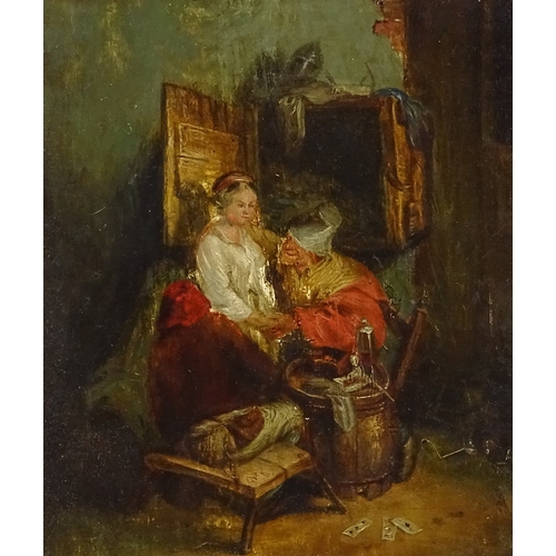 1238 - 19th century oil on board, interior scene, unsigned, 8.5