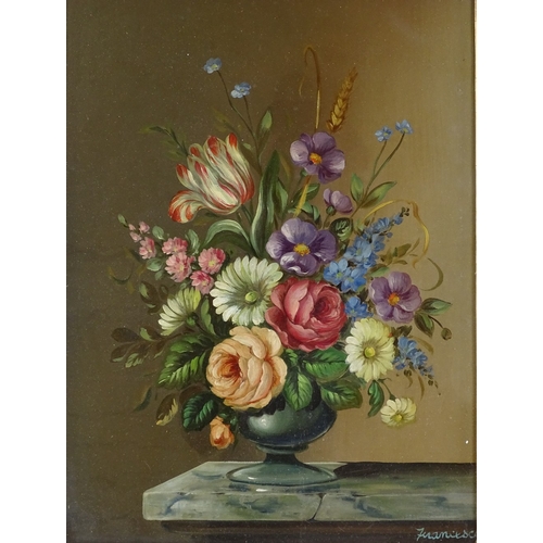 1239 - Francesca, oil on board, Dutch style still life, signed, 20