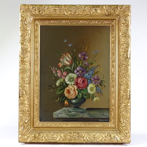 1239 - Francesca, oil on board, Dutch style still life, signed, 20