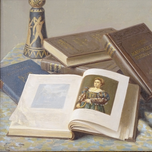 1240 - Italian School, oil on canvas, still life study books on a table, indistinctly signed, 16