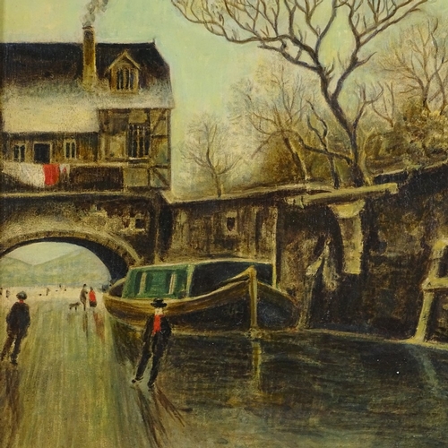 1241 - Oil on board, canal scene, unsigned, 18