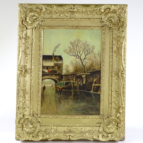 1241 - Oil on board, canal scene, unsigned, 18