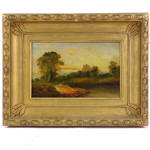 1242 - 19th century oil on wood panel, river scene, unsigned, 8