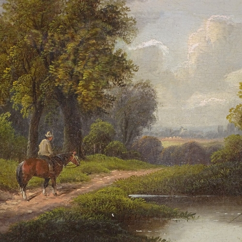 1243 - E Horton, oil on canvas, traveller on a riverside path, signed, 10