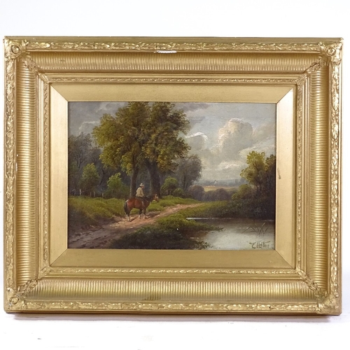 1243 - E Horton, oil on canvas, traveller on a riverside path, signed, 10