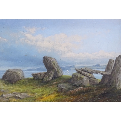 1249 - Attributed to Frank Bramley, oil on board, standing stones on the coast, unsigned, 8.5