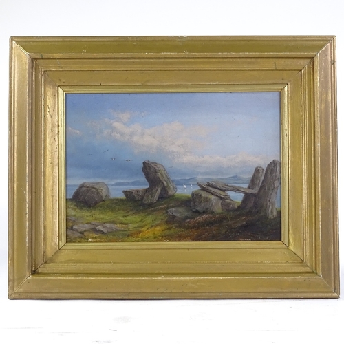 1249 - Attributed to Frank Bramley, oil on board, standing stones on the coast, unsigned, 8.5