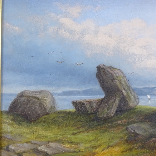 1249 - Attributed to Frank Bramley, oil on board, standing stones on the coast, unsigned, 8.5