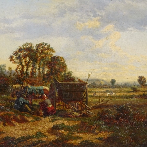 1250 - 19th century oil on canvas, travellers and hay cart on a country road, unsigned, 12.5