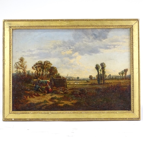 1250 - 19th century oil on canvas, travellers and hay cart on a country road, unsigned, 12.5