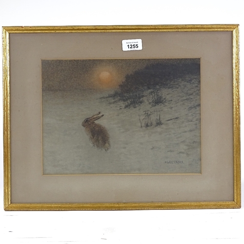 1255 - WITHDRAWN A Weczerzick, watercolour, hare in snowy landscape, signed, 9