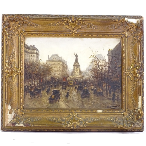 1259 - Oil on wood panel, Parisian street scene, indistinctly signed, 9