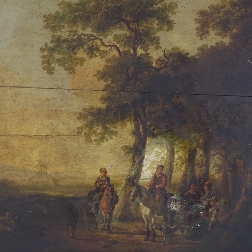 1264 - 18th century oil on wood panel, travellers in a woodland clearing, 19