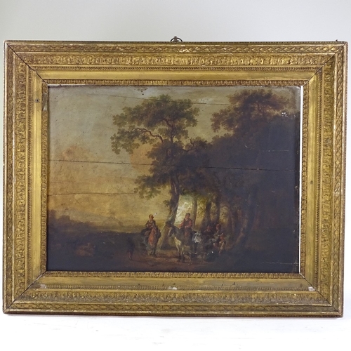 1264 - 18th century oil on wood panel, travellers in a woodland clearing, 19