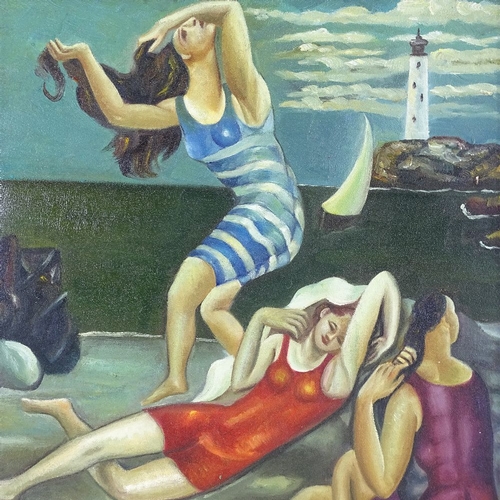 1266 - Modern oil on canvas, bathers at the beach, 24