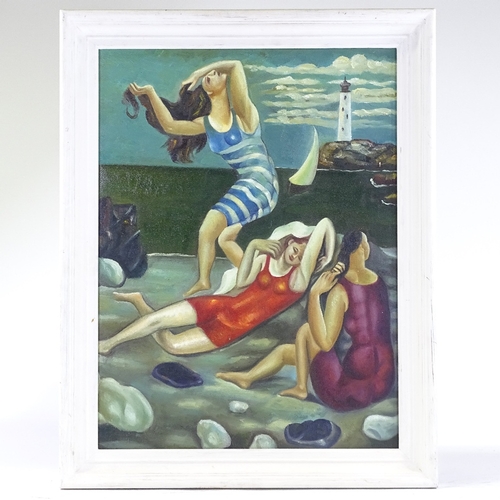 1266 - Modern oil on canvas, bathers at the beach, 24