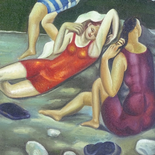 1266 - Modern oil on canvas, bathers at the beach, 24