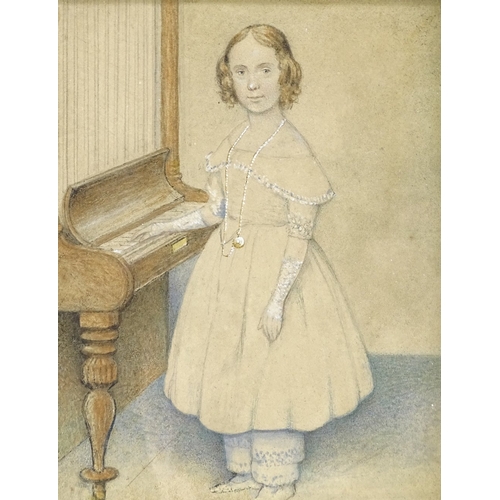 1272 - 19th century watercolour, portrait of a girl playing a piano, unsigned, 5