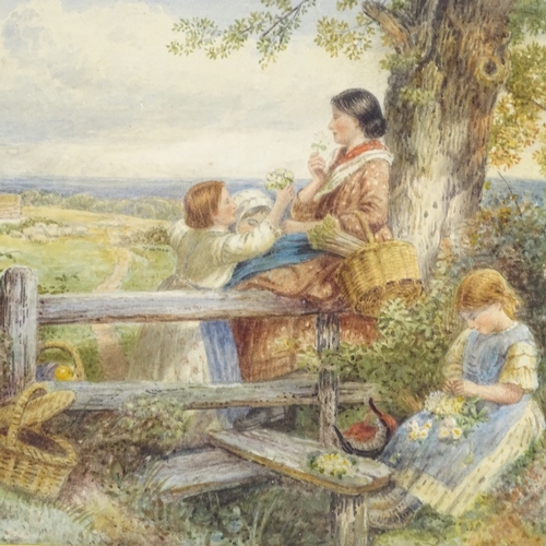 1280 - Myles Birket Foster (1825 - 1899), watercolour, woman and children at a stile, signed with monogram,... 