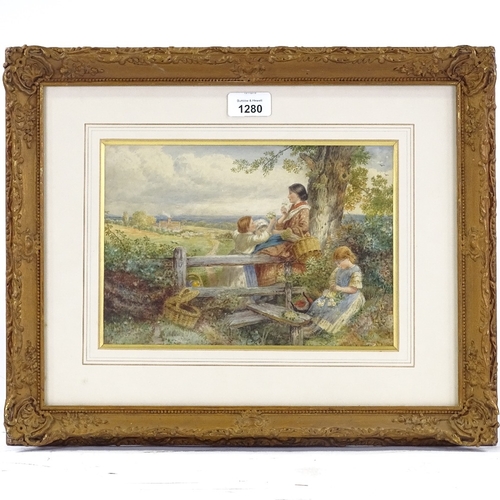 1280 - Myles Birket Foster (1825 - 1899), watercolour, woman and children at a stile, signed with monogram,... 