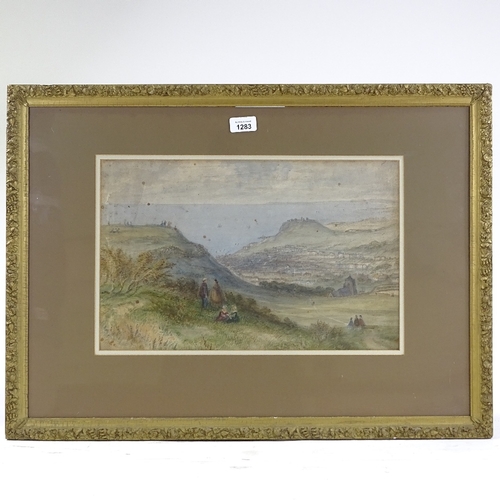 1283 - 19th century watercolour, view over Hastings, unsigned, 11