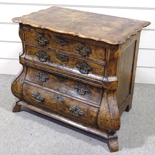 340 - An Antique Dutch burr-walnut bombe chest of 4 long drawers, quarter veneered top with scalloped edge... 