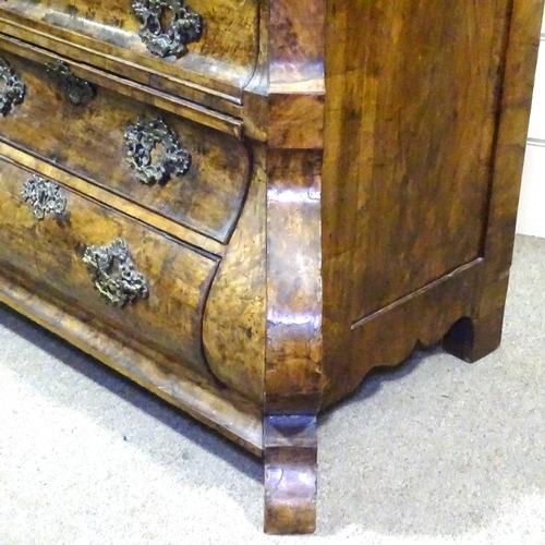 340 - An Antique Dutch burr-walnut bombe chest of 4 long drawers, quarter veneered top with scalloped edge... 