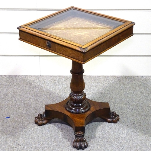 341 - A 19th century rosewood vitrine table with bevel-glass panelled top, carved centre column and shaped... 