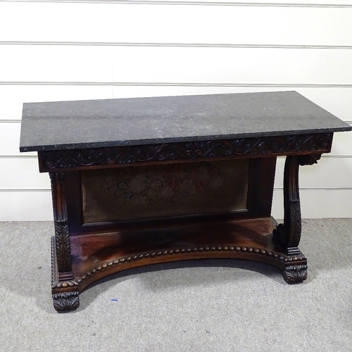 349D - A 19th century padouk serving table serving table with dark grey marble top, acanthus carved frieze ... 