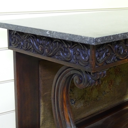 349D - A 19th century padouk serving table serving table with dark grey marble top, acanthus carved frieze ... 