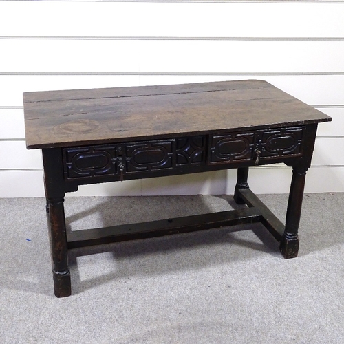 349H - An 18th century oak serving table with 2 carved frieze drawers, turned supports and H-shaped stretch... 