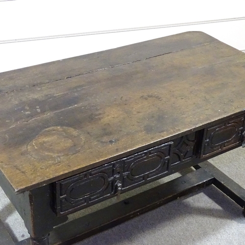 349H - An 18th century oak serving table with 2 carved frieze drawers, turned supports and H-shaped stretch... 