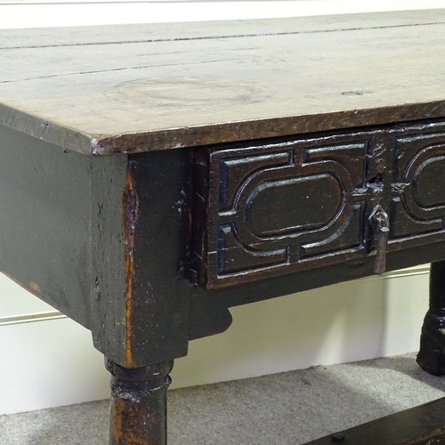 349H - An 18th century oak serving table with 2 carved frieze drawers, turned supports and H-shaped stretch... 