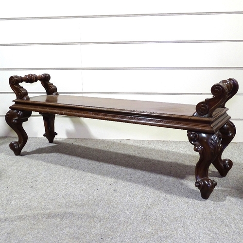 349U - A 19th century mahogany hall bench, with scrolled acanthus legs, length 4'9