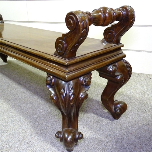 349U - A 19th century mahogany hall bench, with scrolled acanthus legs, length 4'9